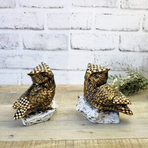 Checked Owl Figurine Set Black White Check Bird Decor Gilded Gold Maximalist Art